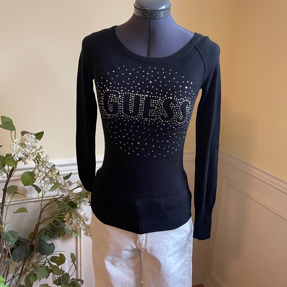 Black GUESS Rhinestone LOGO Sweater Women Small Sparkly & Gorgeous!